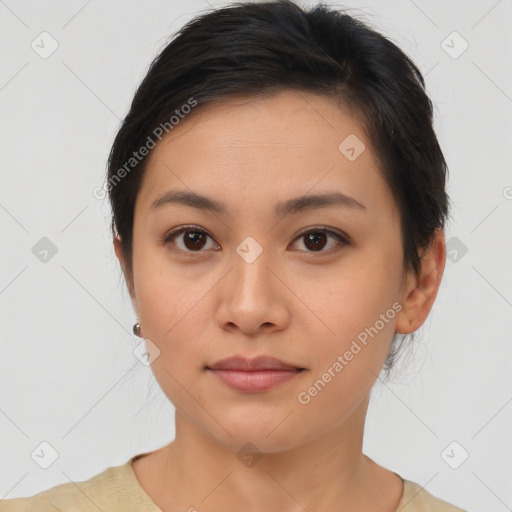 Neutral asian young-adult female with short  brown hair and brown eyes