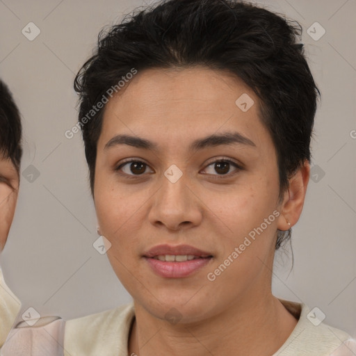 Joyful asian young-adult female with medium  brown hair and brown eyes