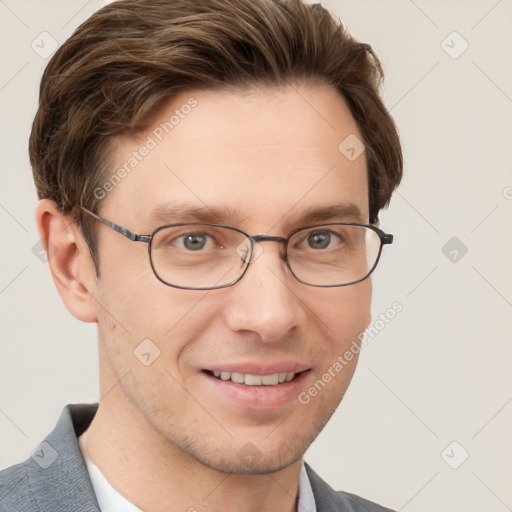 Joyful white young-adult male with short  brown hair and grey eyes