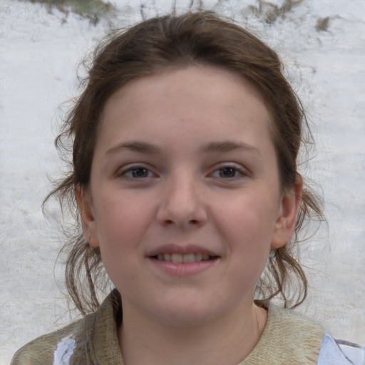 Joyful white child female with medium  brown hair and grey eyes