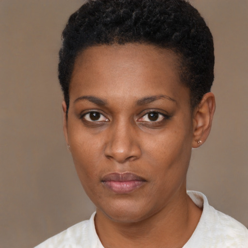 Neutral black young-adult female with short  black hair and brown eyes