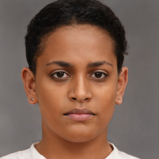 Neutral black young-adult female with short  brown hair and brown eyes