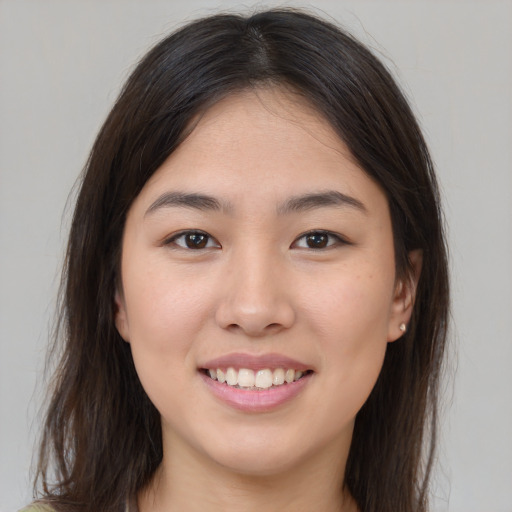 Joyful asian young-adult female with long  brown hair and brown eyes