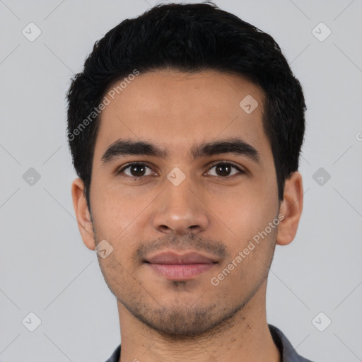 Neutral latino young-adult male with short  black hair and brown eyes