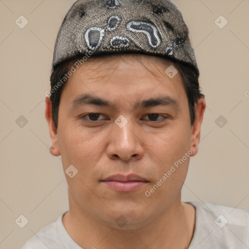 Neutral asian young-adult male with short  brown hair and brown eyes