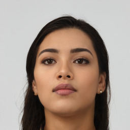 Neutral asian young-adult female with long  brown hair and brown eyes