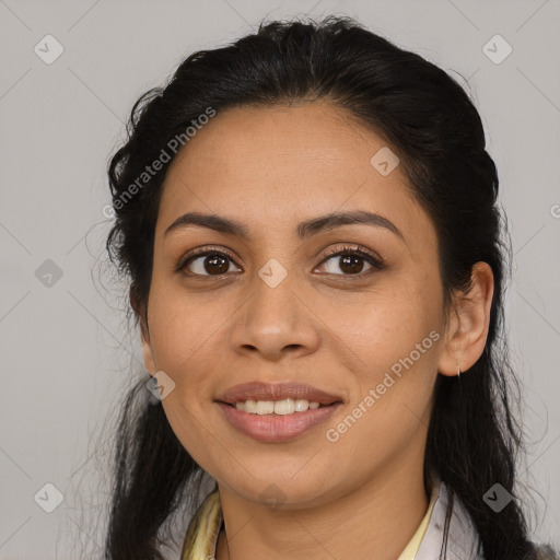 Joyful latino young-adult female with medium  brown hair and brown eyes