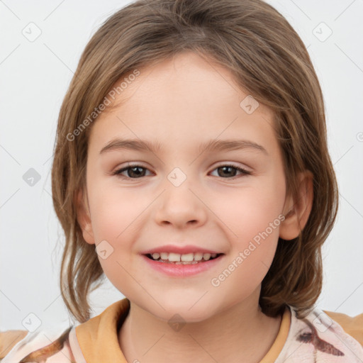 Joyful white child female with medium  brown hair and brown eyes