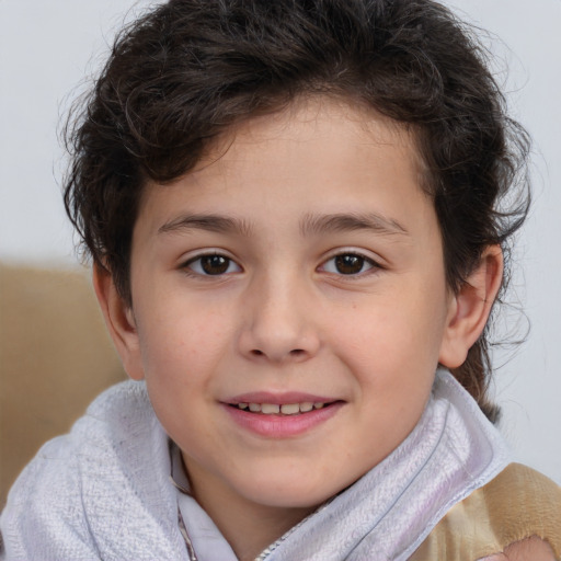 Joyful white child female with short  brown hair and brown eyes