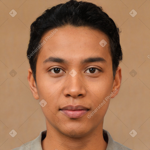 Neutral latino young-adult male with short  black hair and brown eyes