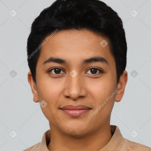 Joyful asian young-adult male with short  black hair and brown eyes