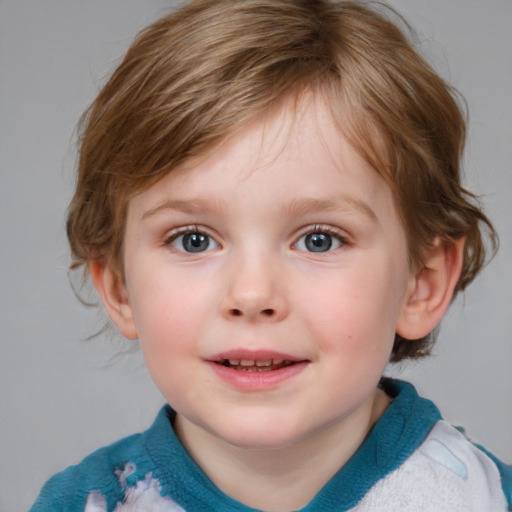 Joyful white child female with medium  brown hair and blue eyes