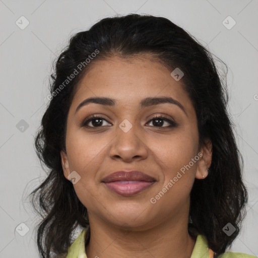 Joyful latino young-adult female with medium  brown hair and brown eyes