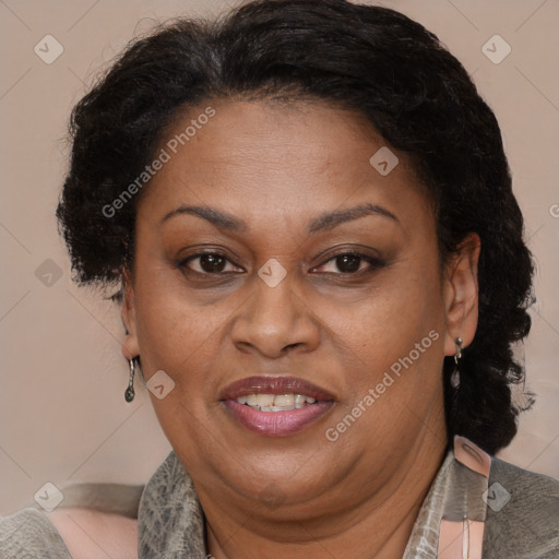 Joyful black adult female with short  brown hair and brown eyes