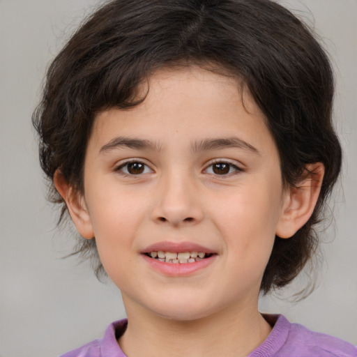 Joyful white child female with medium  brown hair and brown eyes