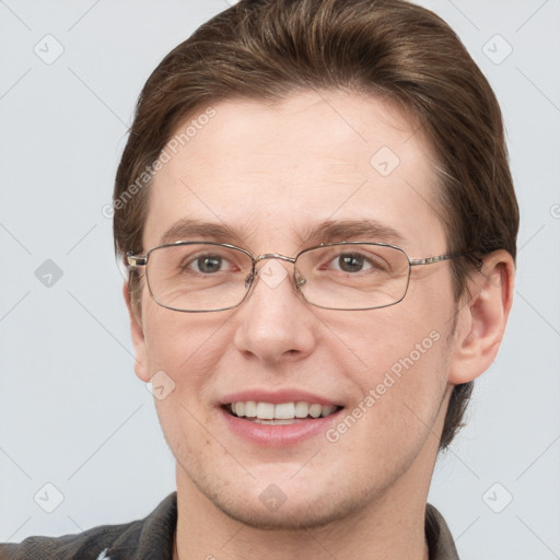 Joyful white adult female with short  brown hair and grey eyes