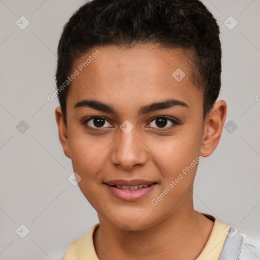 Joyful latino young-adult female with short  brown hair and brown eyes