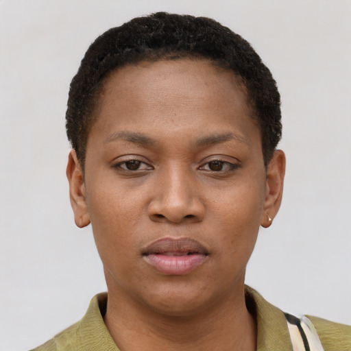 Neutral black young-adult female with short  brown hair and brown eyes