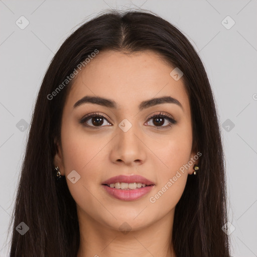 Joyful white young-adult female with long  brown hair and brown eyes