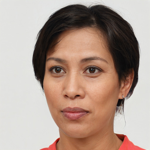 Neutral white adult female with short  brown hair and brown eyes