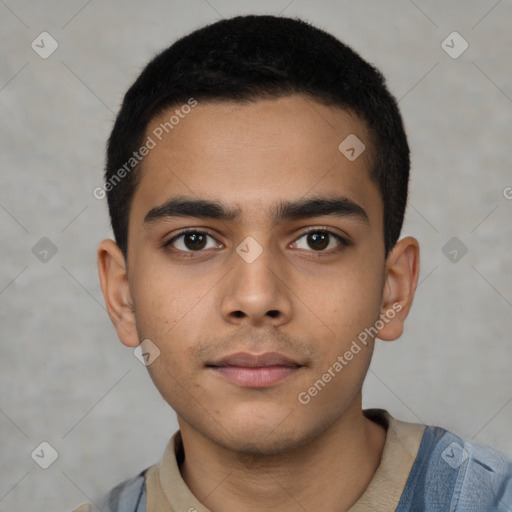 Neutral latino young-adult male with short  black hair and brown eyes