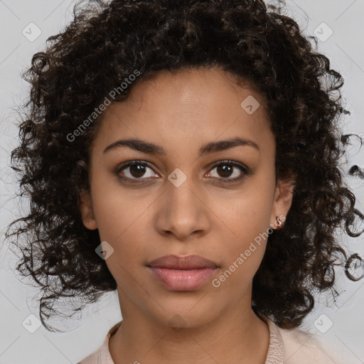 Neutral latino young-adult female with medium  brown hair and brown eyes