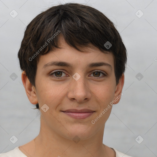 Joyful white young-adult female with short  brown hair and brown eyes