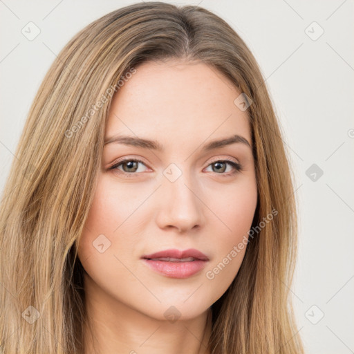 Neutral white young-adult female with long  brown hair and brown eyes