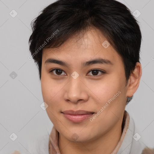 Joyful asian young-adult female with medium  brown hair and brown eyes