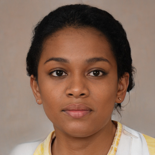 Neutral latino young-adult female with short  brown hair and brown eyes
