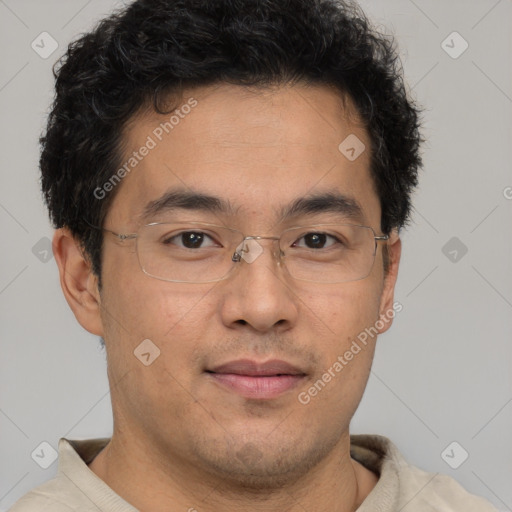 Joyful latino young-adult male with short  brown hair and brown eyes