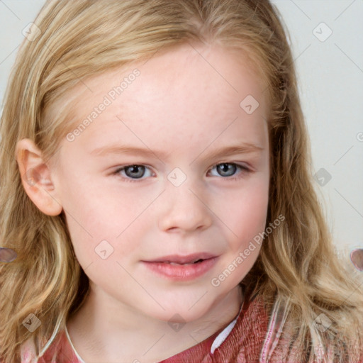 Joyful white child female with medium  brown hair and blue eyes