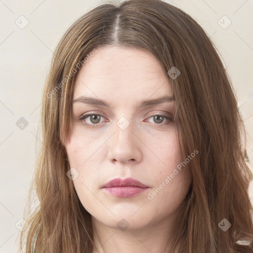 Neutral white young-adult female with long  brown hair and grey eyes