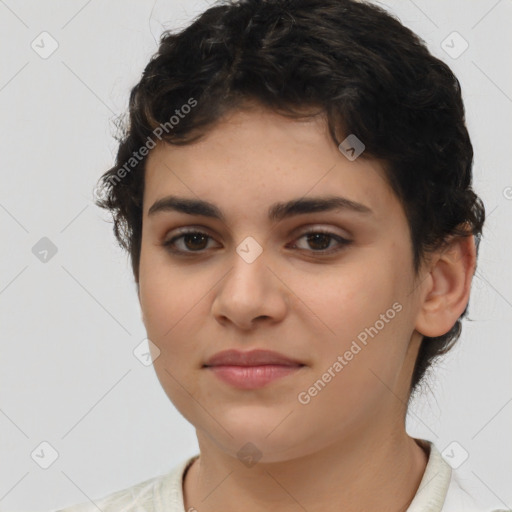 Joyful latino young-adult female with short  brown hair and brown eyes