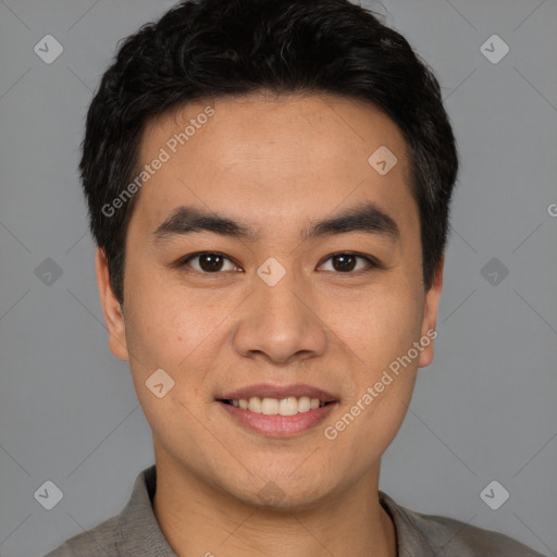 Joyful latino young-adult male with short  black hair and brown eyes