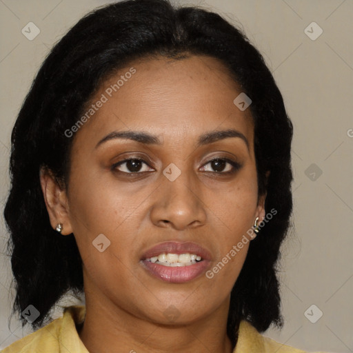 Joyful black young-adult female with medium  brown hair and brown eyes