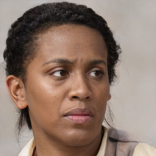 Neutral black young-adult female with short  brown hair and brown eyes