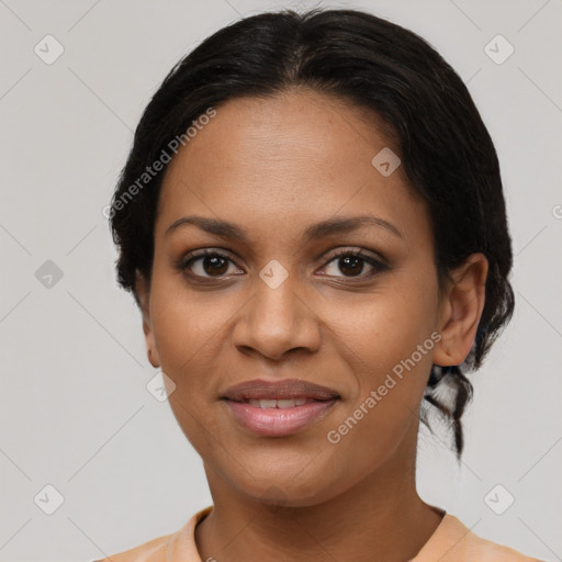 Joyful latino young-adult female with medium  brown hair and brown eyes