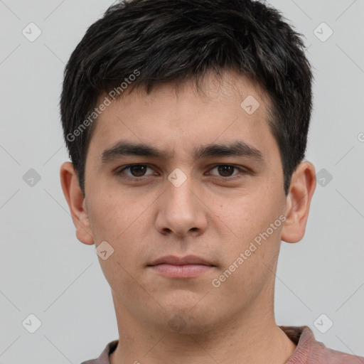 Neutral white young-adult male with short  brown hair and brown eyes