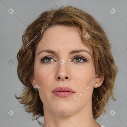 Neutral white young-adult female with medium  brown hair and brown eyes