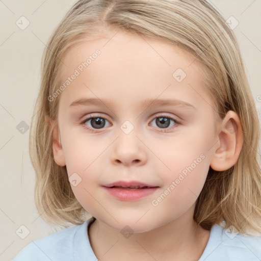 Neutral white child female with medium  brown hair and blue eyes