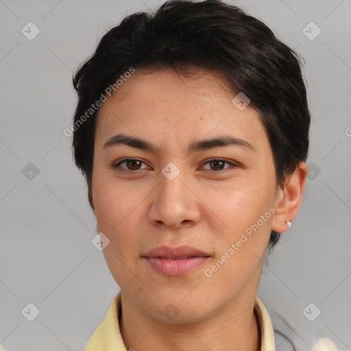 Joyful white young-adult female with short  brown hair and brown eyes