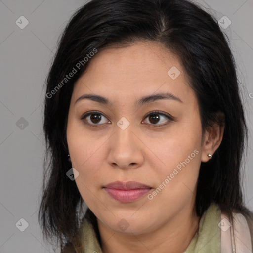 Joyful latino young-adult female with medium  brown hair and brown eyes