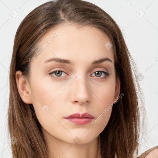 Neutral white young-adult female with long  brown hair and grey eyes