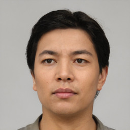 Neutral asian young-adult male with short  black hair and brown eyes