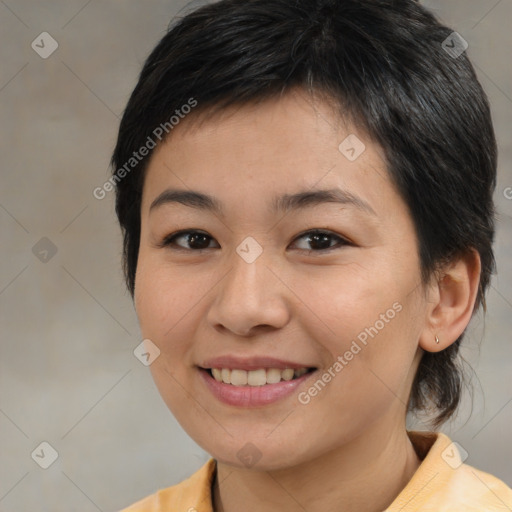 Joyful white young-adult female with medium  brown hair and brown eyes