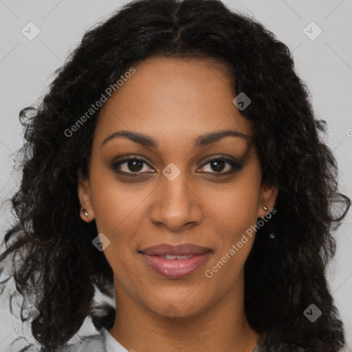 Joyful black young-adult female with long  brown hair and brown eyes