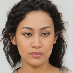 Neutral asian young-adult female with medium  brown hair and brown eyes