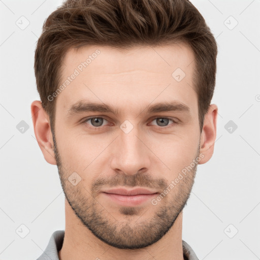 Neutral white young-adult male with short  brown hair and grey eyes