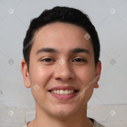 Joyful white young-adult male with short  black hair and brown eyes